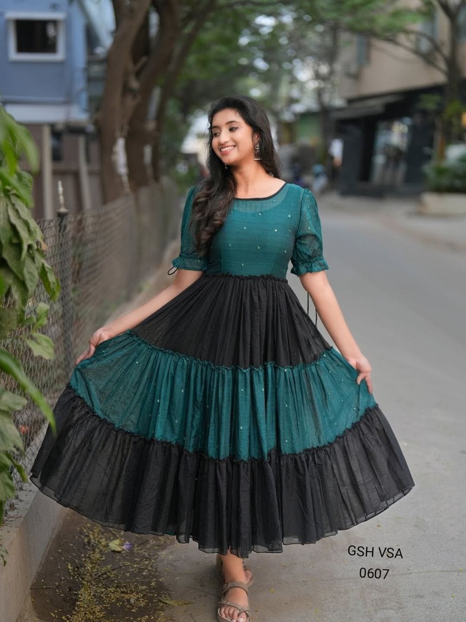 Black & Teal Magic Tiered Midi Gown Dress